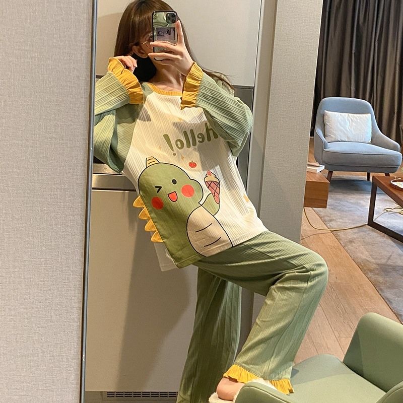Pajamas women's spring and autumn long-sleeved suit cartoon Korean version of sweet and cute girl students winter home clothes can be worn outside