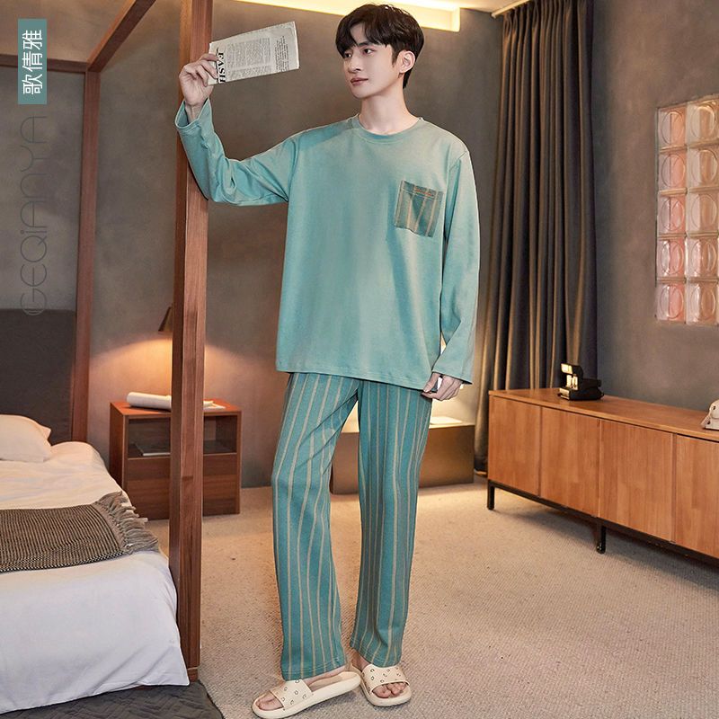 Geqianya spring and autumn pajamas long-sleeved men's 100% cotton striped simple cardigan can go out home service suit