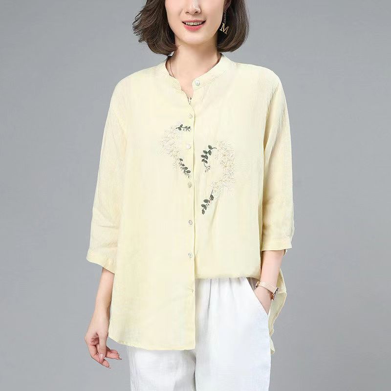 Cotton and linen shirt tops for women  new fashion summer thin loose loose outer wear versatile mid-sleeve three-quarter sleeve shirt