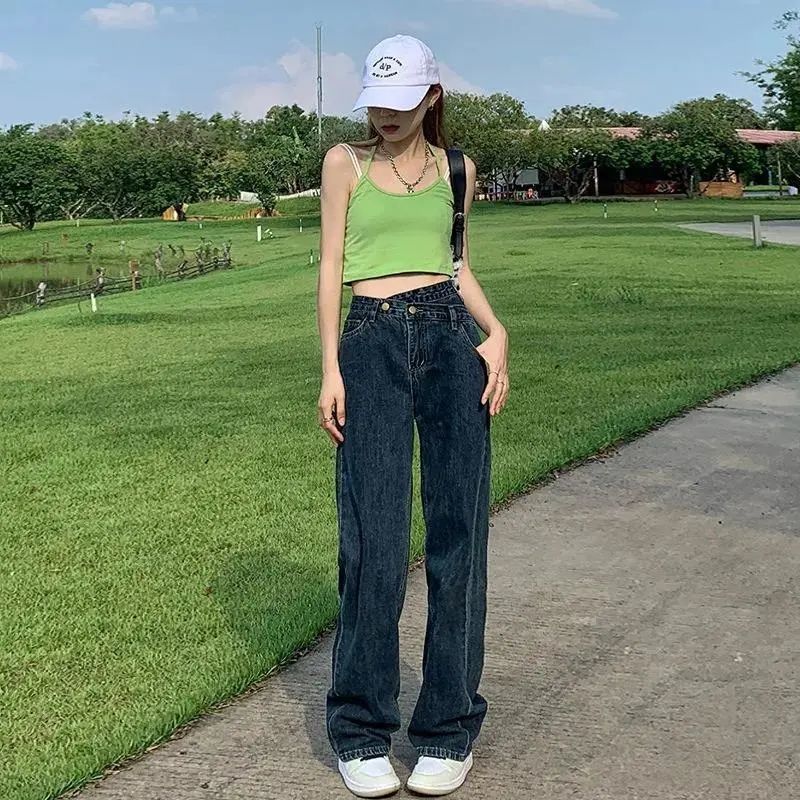 不規則高腰牛仔褲女直筒寬鬆夏季新款設計感小眾辣妹闊腿拖地長褲
