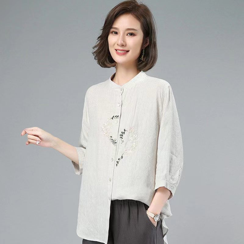 Cotton and linen shirt tops for women  new fashion summer thin loose loose outer wear versatile mid-sleeve three-quarter sleeve shirt