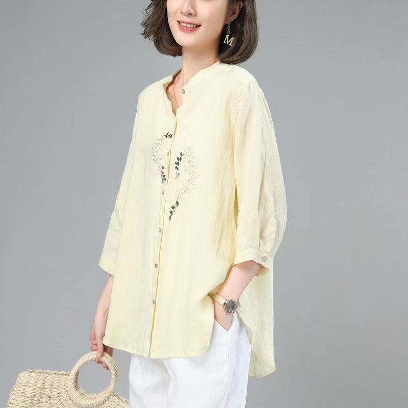 Cotton and linen shirt tops for women  new fashion summer thin loose loose outer wear versatile mid-sleeve three-quarter sleeve shirt