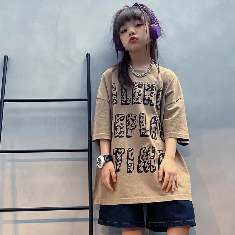2022 Boys and girls pure cotton short-sleeved T-shirt tooling printing retro trendy cool thin tops all-match new trend
