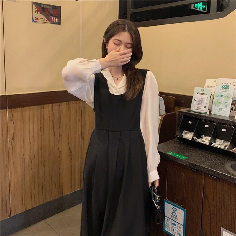 Large size temperament sweet suit black suspenders dress fat mm thin shirt long-sleeved shirt two-piece set