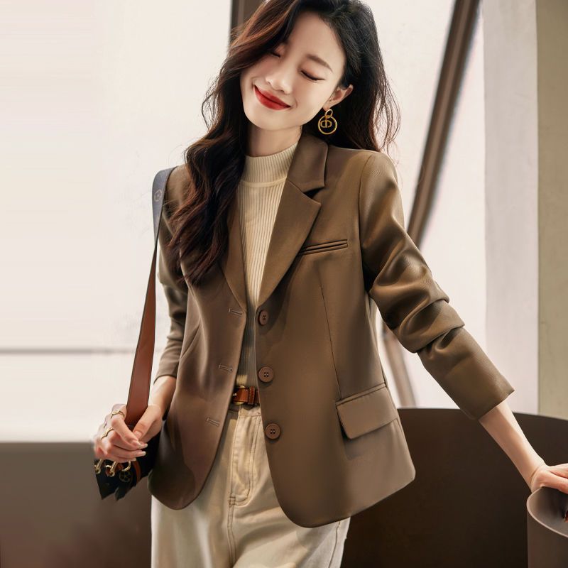 Coffee color small suit jacket women's small short style 2023 spring and autumn high-end Korean casual all-match suit jacket