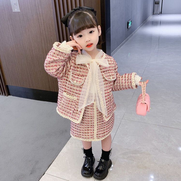Girls' small fragrance suit 2022 autumn new Korean style fashionable little girl foreign style jacket short skirt two-piece set