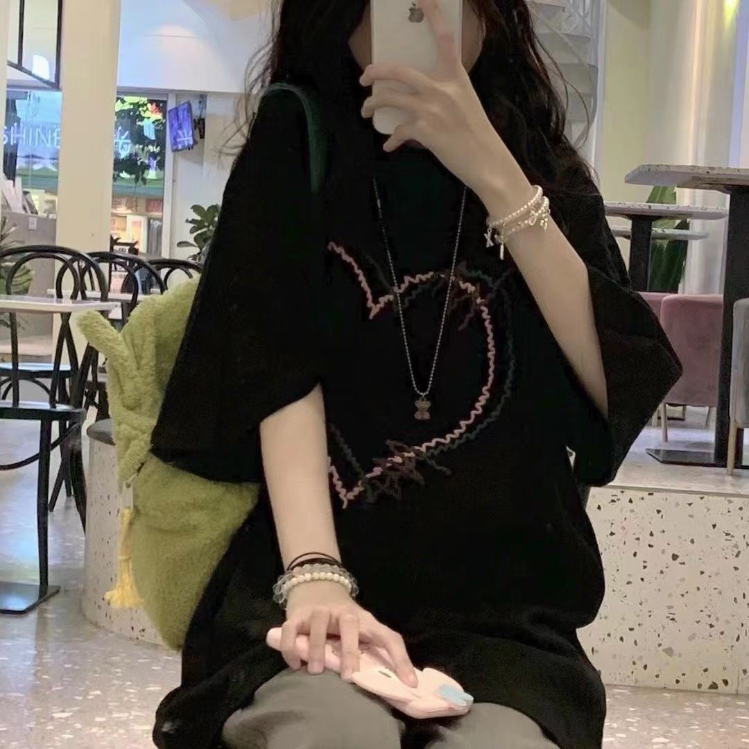100% cotton national tide American short-sleeved black t-shirt female student summer Harajuku style loose half-sleeved top ins tide