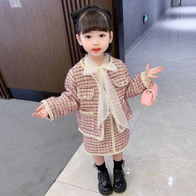 Girls' small fragrance suit 2022 autumn new Korean style fashionable little girl foreign style jacket short skirt two-piece set