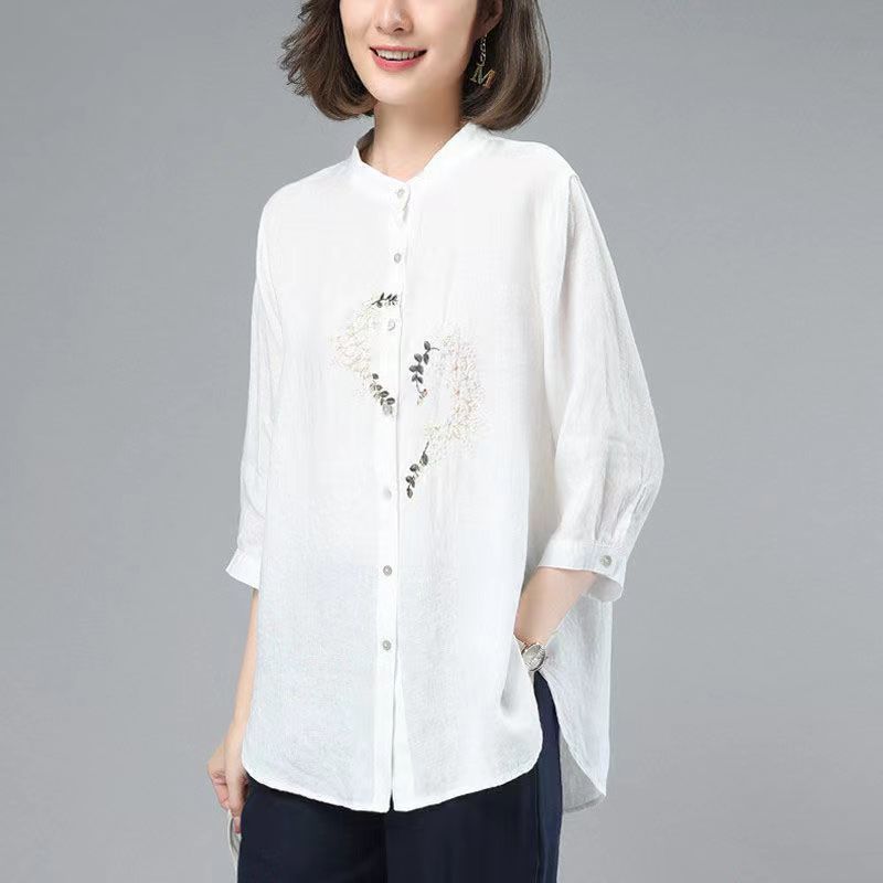 Cotton and linen shirt tops for women  new fashion summer thin loose loose outer wear versatile mid-sleeve three-quarter sleeve shirt