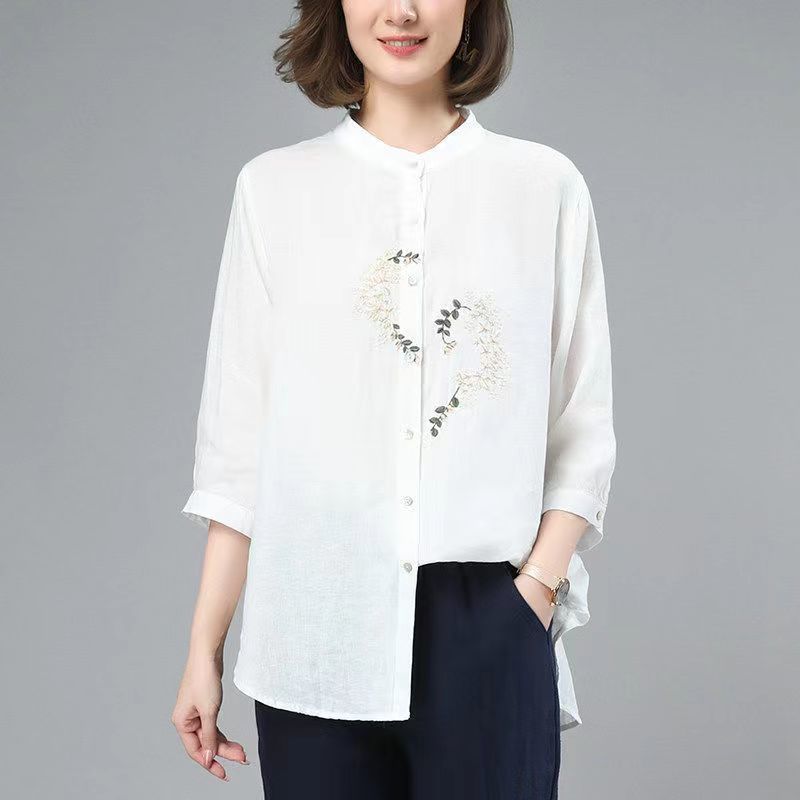 Cotton and linen shirt tops for women  new fashion summer thin loose loose outer wear versatile mid-sleeve three-quarter sleeve shirt