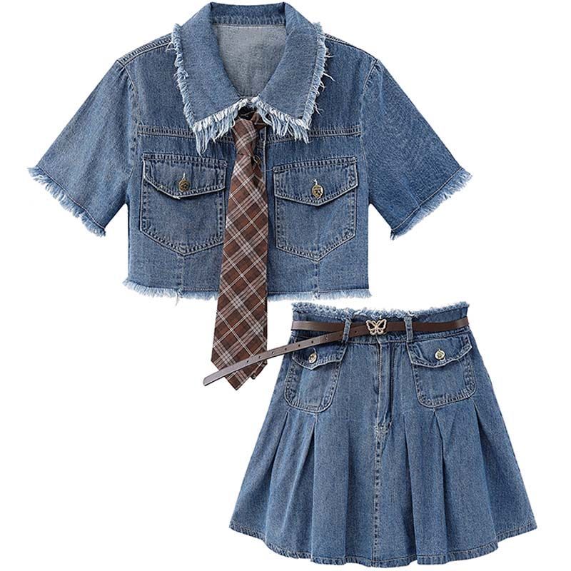 辣妹風牛仔套裝女2023年夏季薄款小個子學院風短袖上衣高腰半身裙