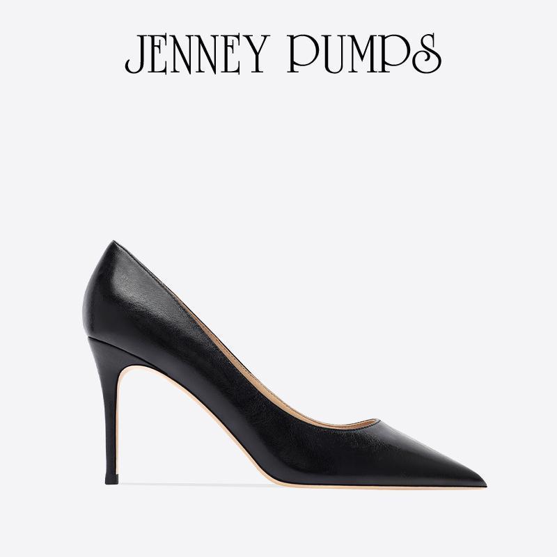 Jenny Zhou series elegant temperament oil wax black high heels stiletto versatile pointed toe leather professional shoes