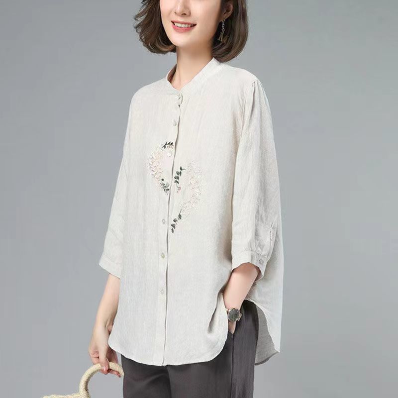 Cotton and linen shirt tops for women  new fashion summer thin loose loose outer wear versatile mid-sleeve three-quarter sleeve shirt