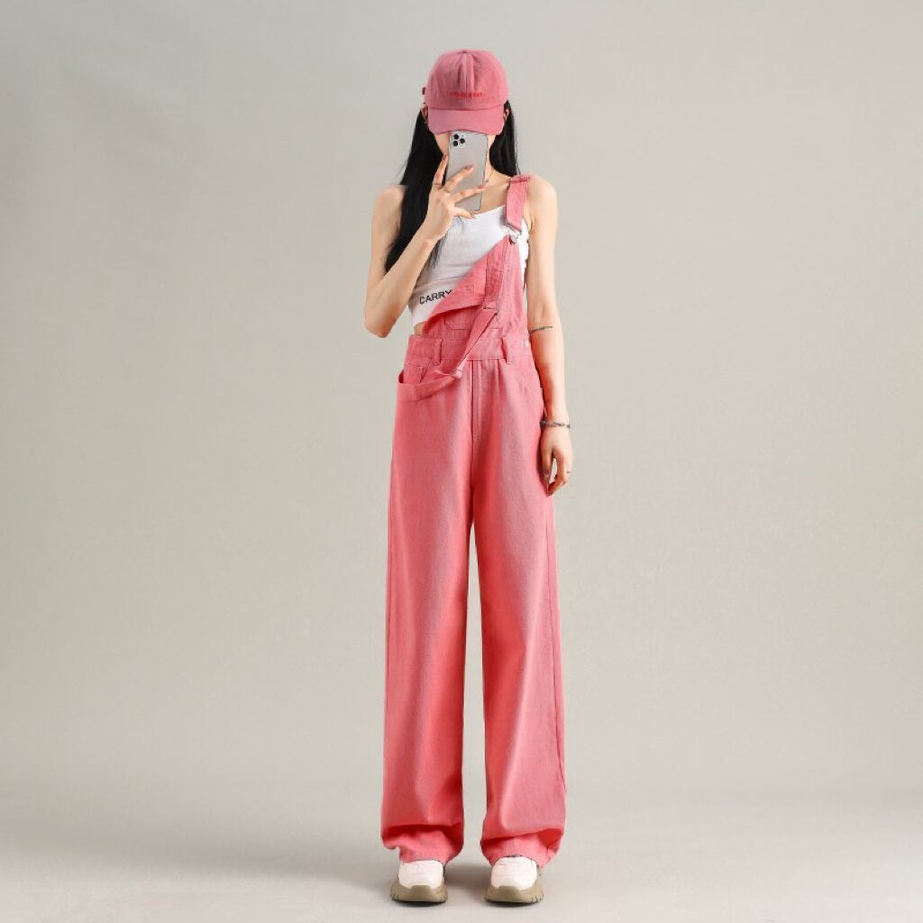 Pink black blue denim overalls new Korean version of age-reducing personality loose straight one-piece floor mopping wide-leg trousers