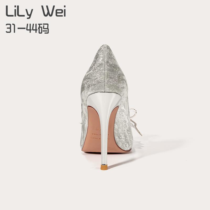 lilywei大码法式高跟鞋41-43婚鞋细跟尖头小码新娘鞋蝴蝶结鞋子秋