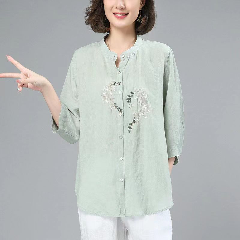 Cotton and linen shirt tops for women  new fashion summer thin loose loose outer wear versatile mid-sleeve three-quarter sleeve shirt