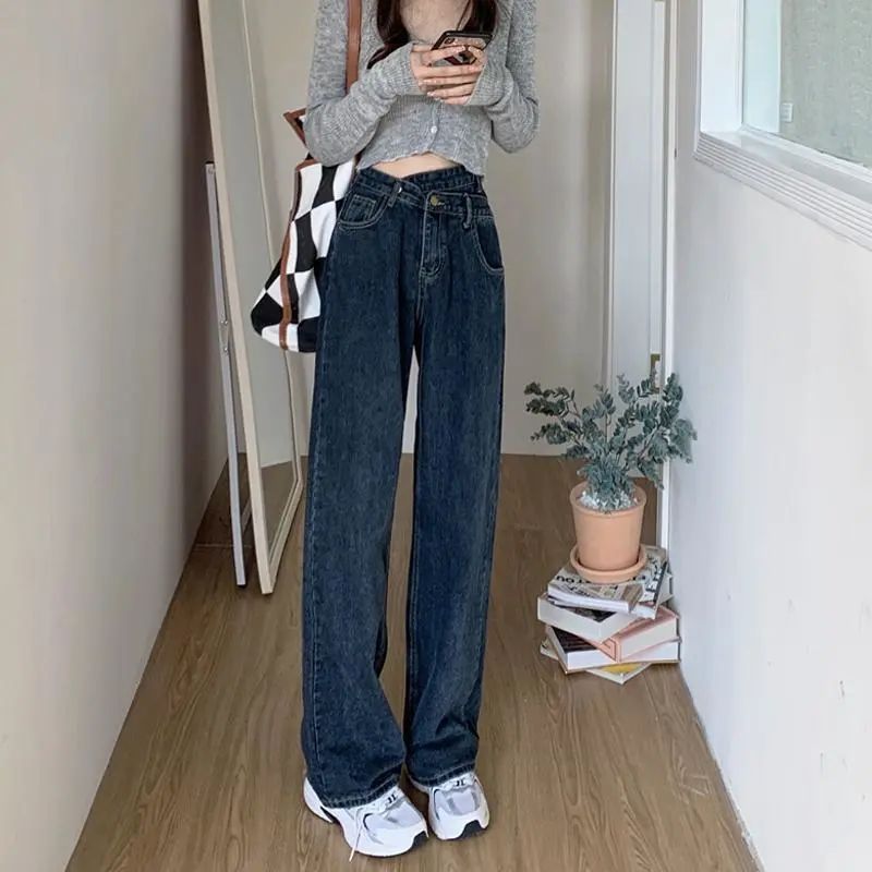 高腰直筒牛仔褲女春秋交叉腰設計感長褲寬鬆顯瘦大碼拖地闊腿褲子