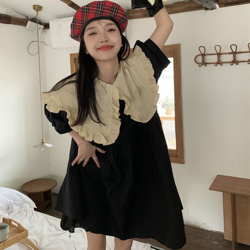 大碼洋氣撞色娃娃領黑色連衣裙女2022年夏季韓版減齡木耳邊短裙潮