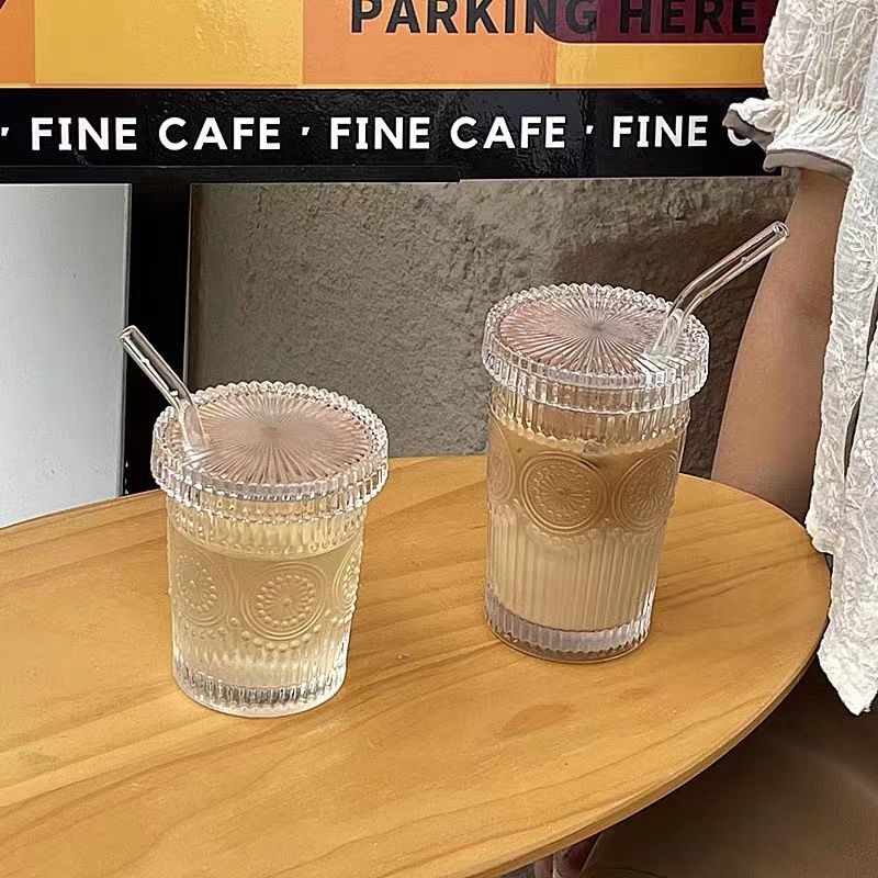 果汁杯咖啡杯北欧ins风复古浮雕太阳花水杯带盖吸管玻璃杯冷饮杯