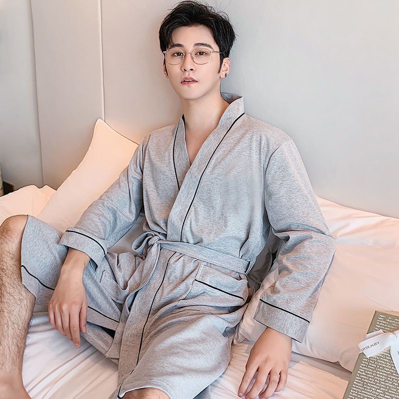 Bathrobe long knee nightgown women's spring and autumn couple pajamas hotel bathrobe men's autumn and winter pure cotton absorbent quick-drying