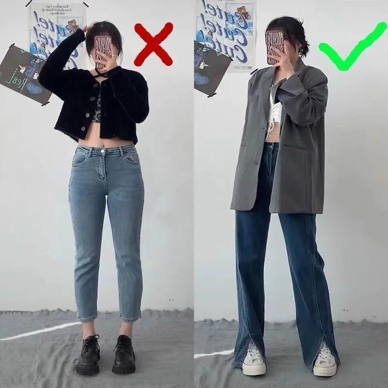 梨形身材穿搭大碼開叉牛仔褲女春夏胖妹妹mm寬鬆高腰顯瘦直筒長褲