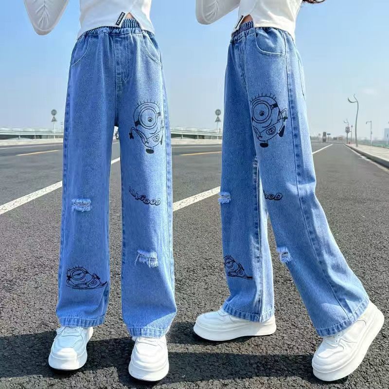 女童牛仔褲洋氣寬鬆中大童小女孩闊腿褲春夏季薄款女學生寬鬆褲子