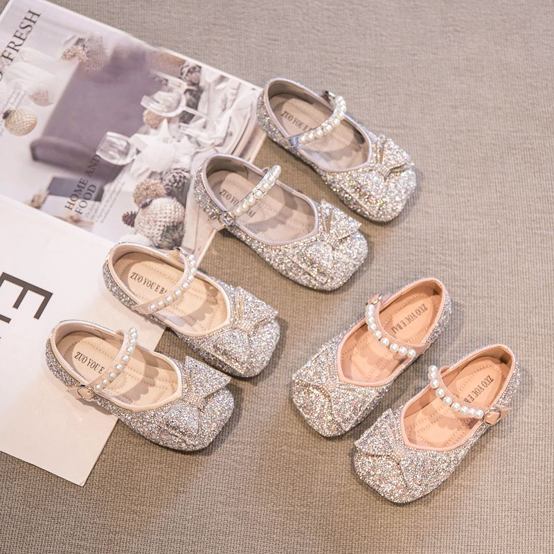 Girls Aisha Princess Shoes 2022 New Children's Shoes Leather Shoes Crystal Shoes Baby Girls Single Shoes Soft Sole 2022 Spring and Autumn