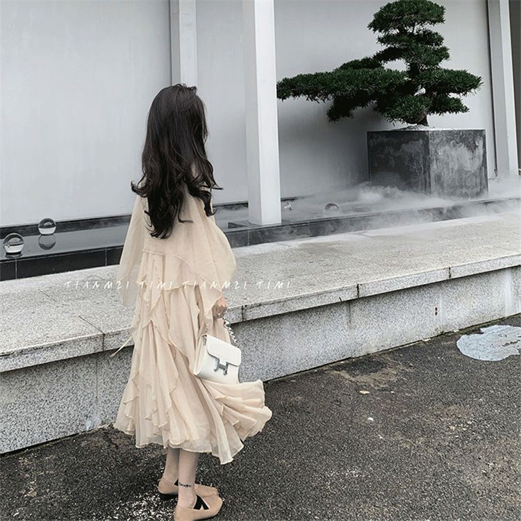 復古吊帶連衣裙女設計感小眾改良旗袍套裝氣質斗篷上衣防曬兩件套