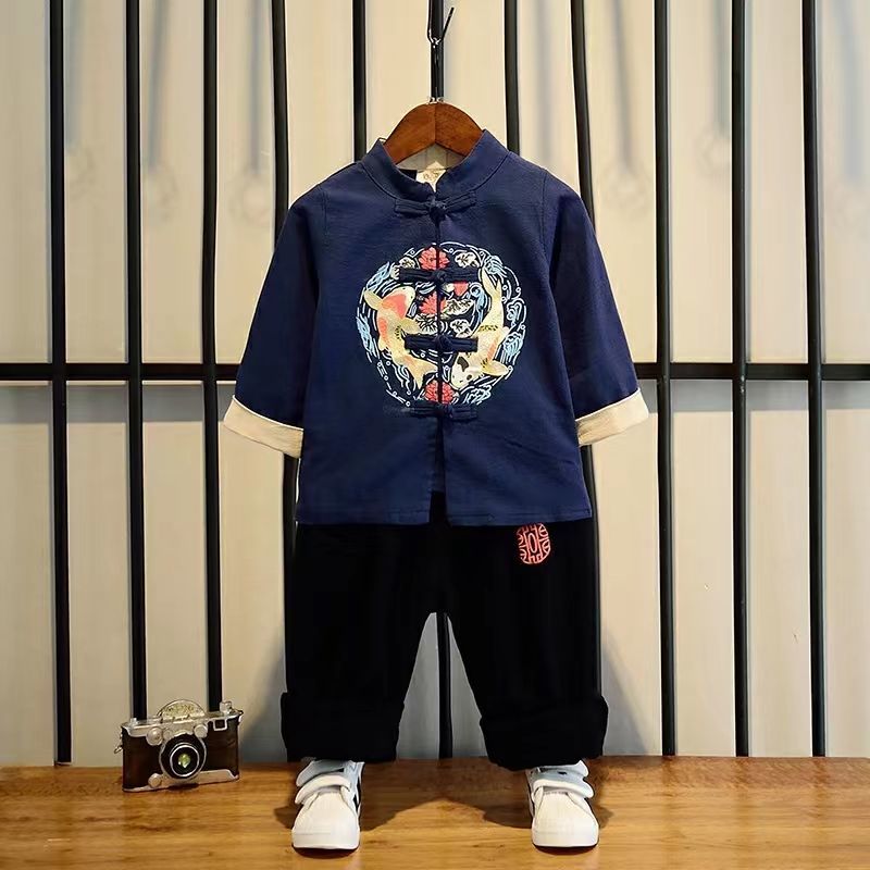漢服男童春秋款中國風長袖套裝男寶寶周歲中式禮服兒童唐裝演出服
