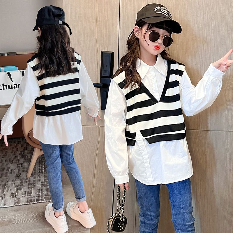 Girls' shirts spring and autumn clothes 2022 new knitted sweaters fake two pieces middle and big children's foreign style baby autumn striped tops
