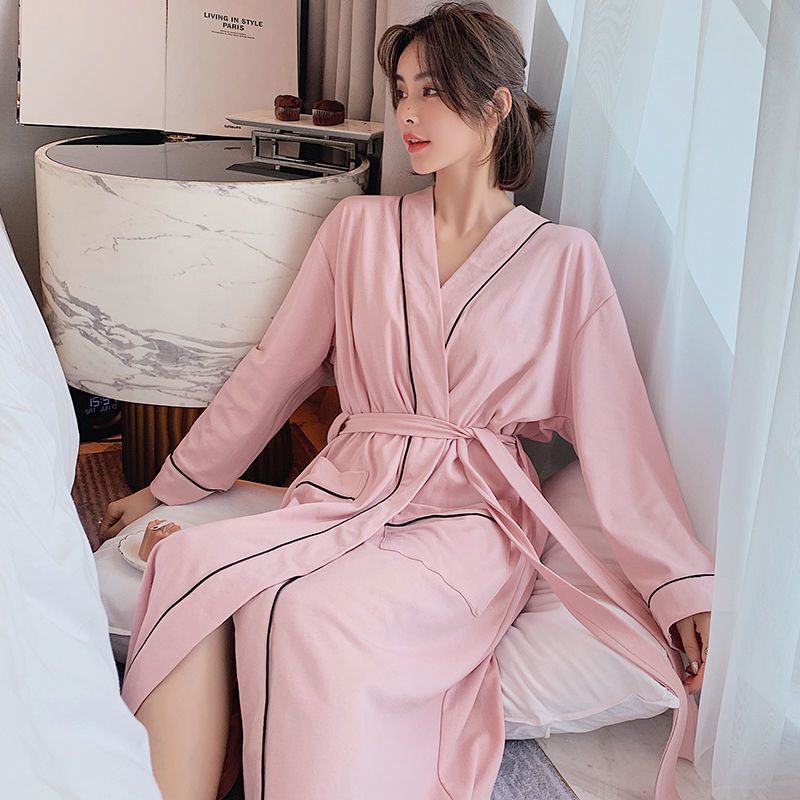 Bathrobe long knee nightgown women's spring and autumn couple pajamas hotel bathrobe men's autumn and winter pure cotton absorbent quick-drying