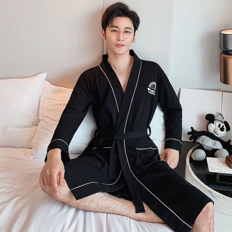 Nightgown Ladies spring and autumn summer long cotton couple pajamas men's thin section hotel bathrobe bathrobe absorbent and quick-drying