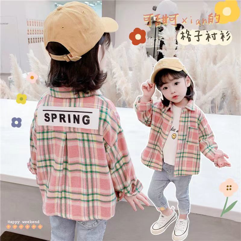 Girls shirt long-sleeved foreign style children's baby plaid shirt children's cardigan jacket pure cotton long-sleeved spring and autumn
