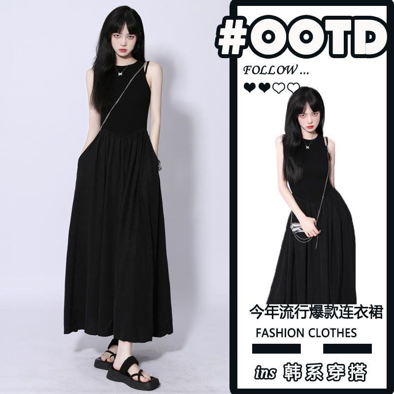 Hepburn style sweet and spicy slim sleeveless a-line dress female summer French tea break Korean version temperament waist vest long skirt