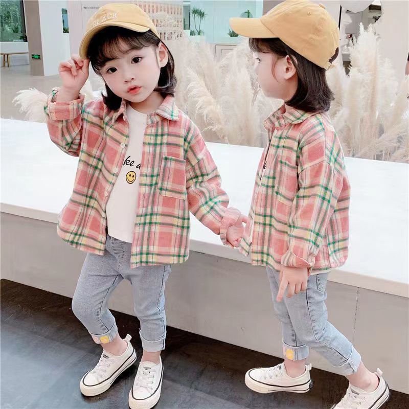 Girls shirt long-sleeved foreign style children's baby plaid shirt children's cardigan jacket pure cotton long-sleeved spring and autumn