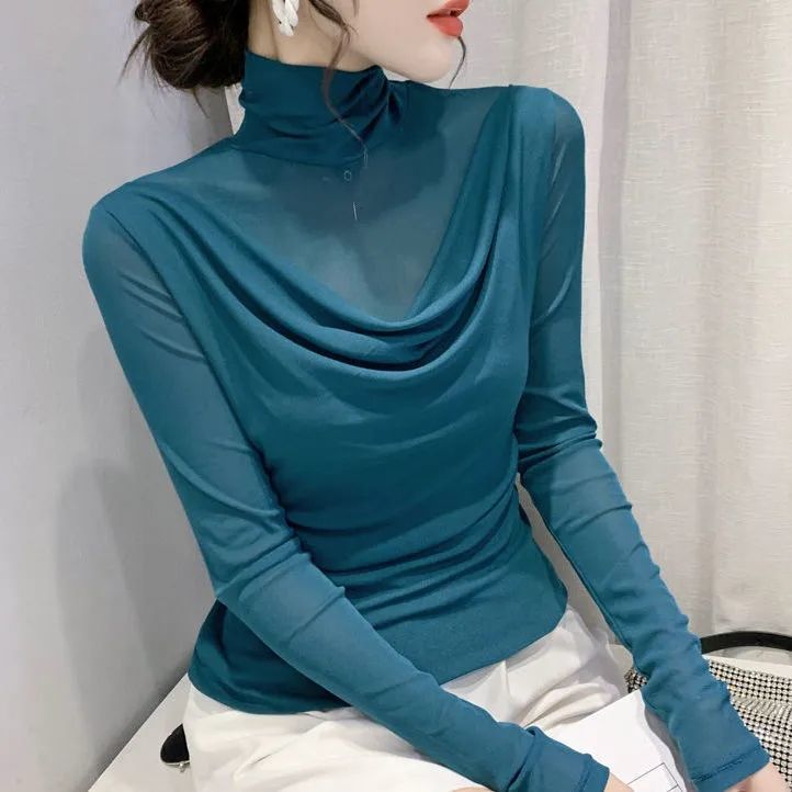 Black mesh 2022 spring and autumn high-necked bottoming shirt fashion sexy long-sleeved tight top long-sleeved t-shirt