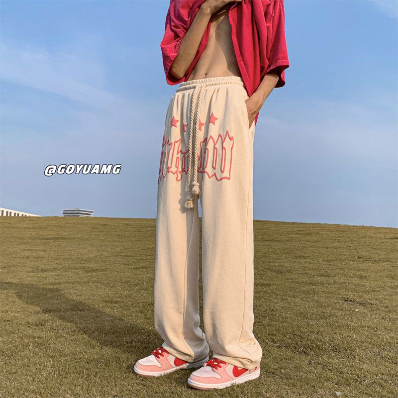 歐美hiphop褲子ins高街潮直筒墜感夏季運動褲男美式復古抽繩衛褲