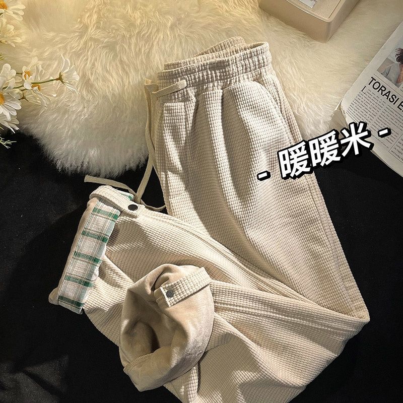 華夫格翻邊闊腿褲男秋冬新款休閒運動褲學生韓版寬鬆加絨直筒褲潮