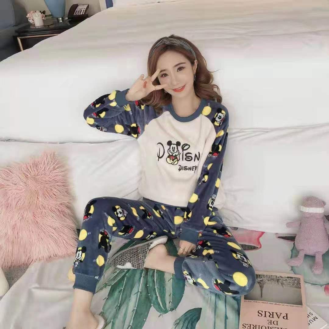 Autumn and winter coral fleece student pajamas female cartoon sweet and cute home service new plush fleece thickened two-piece suit