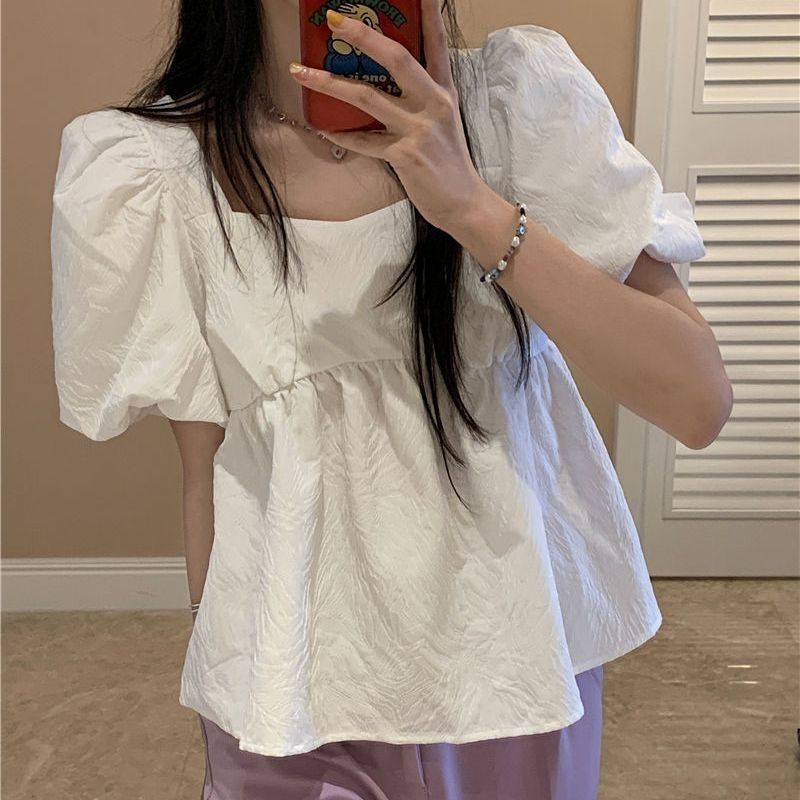 French sweet design puff sleeve square collar doll shirt female summer short student simple chic small top
