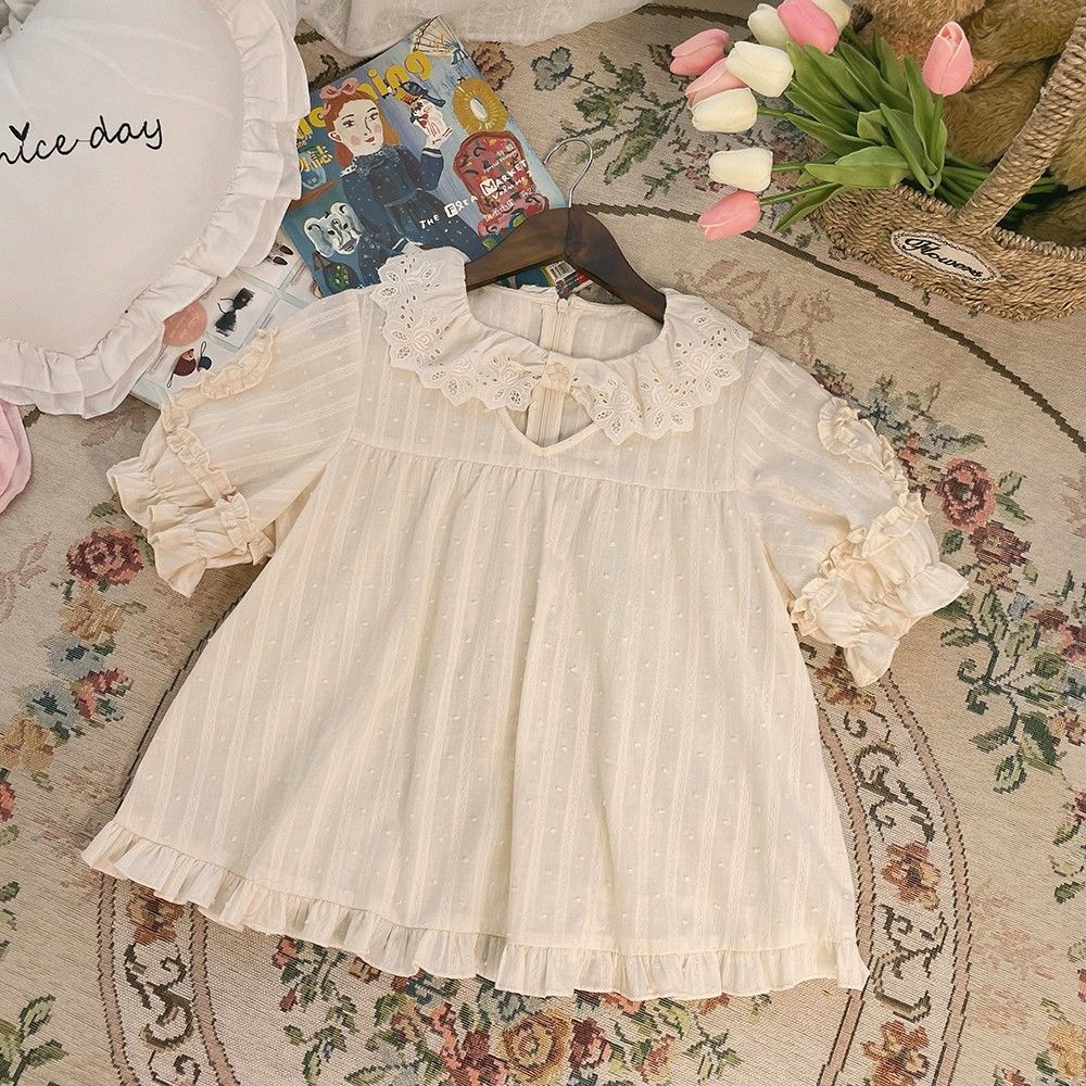 Lolita捧花少女.娃娃領純棉愛心鏤空領口寬鬆可愛百搭Lolita襯衫