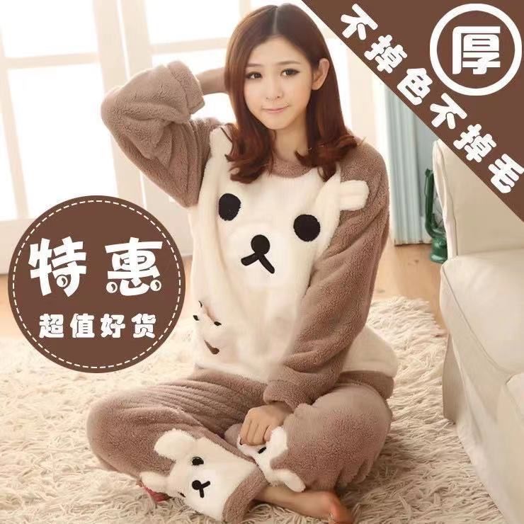 Coral fleece pajamas women's autumn and winter long-sleeved thickened flannel cartoon students cute home clothes can be worn outside