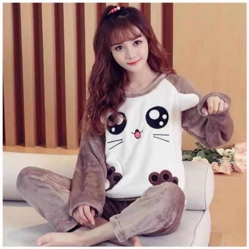 Coral fleece pajamas women's autumn and winter long-sleeved thickened flannel cartoon students cute home clothes can be worn outside