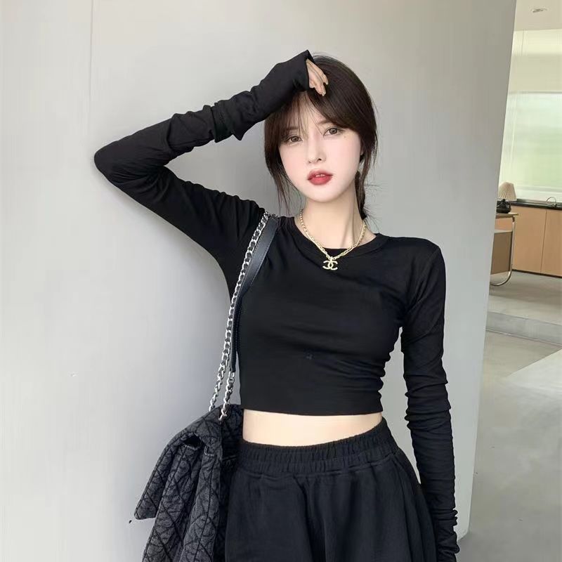 高腰露肚臍長袖t恤女2022年春秋季短款修身顯瘦內搭打底純欲上衣