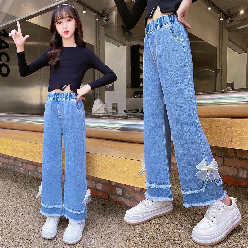Girls denim wide-leg pants spring and autumn outer wear new spring children's loose trousers spring children's pants