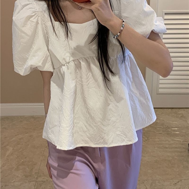 French sweet design puff sleeve square collar doll shirt female summer short student simple chic small top