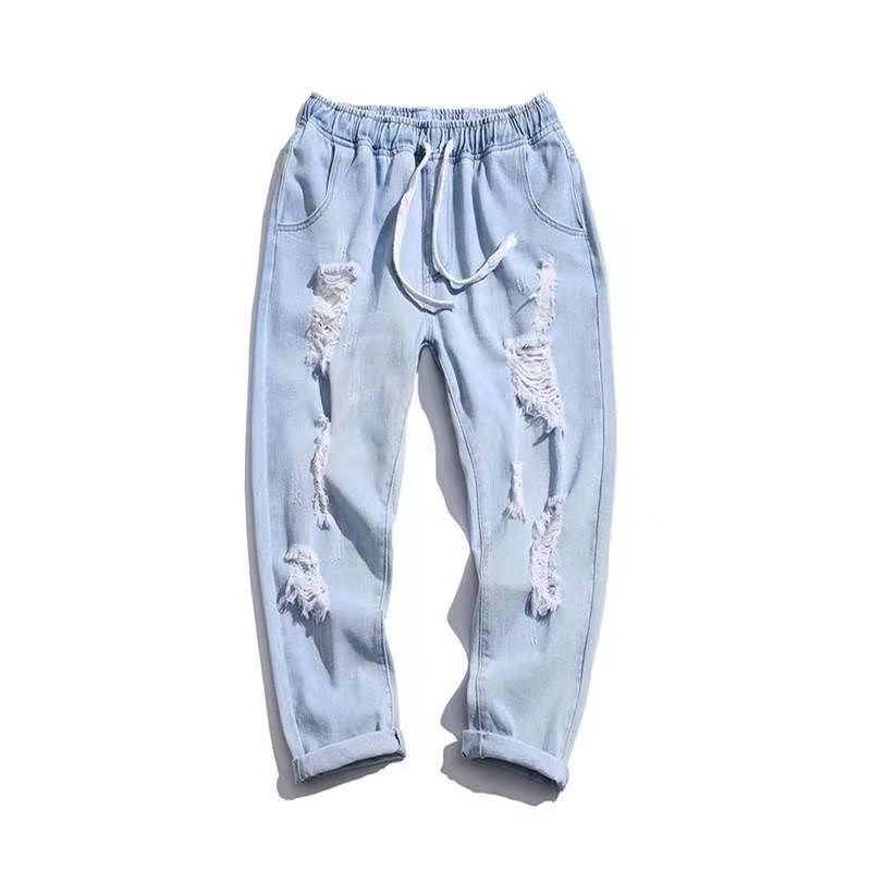 Ripped jeans men's summer and autumn new loose straight nine-point pants men's Hong Kong style ins tide brand casual pants tide