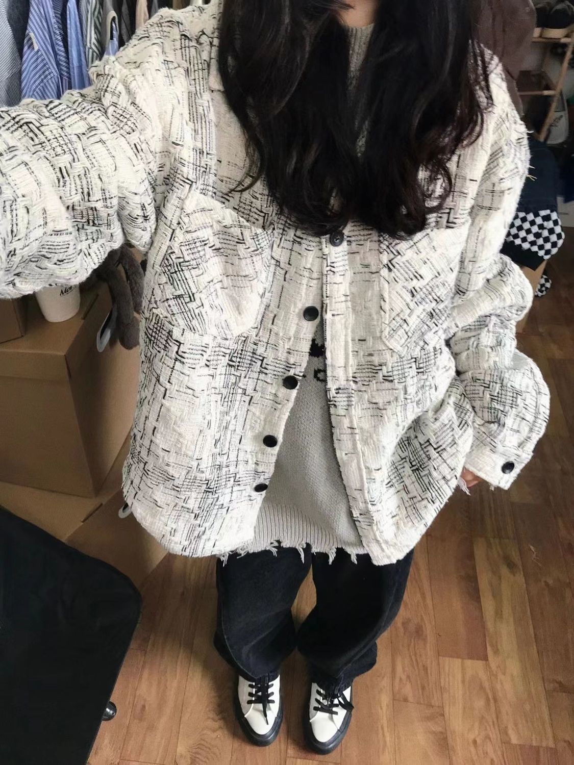 小香風外套女韓版設計感編織春秋季新款復古寬鬆學生工裝夾克上衣