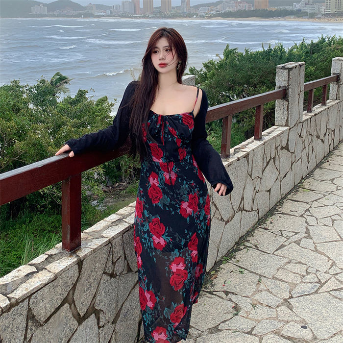 氛圍感玫瑰碎花吊帶裙大碼胖mm性感復古度假風長款連衣裙秋季套裝
