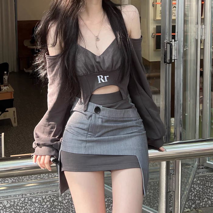 【兩件套裝】純欲風辣妹設計感短款掛脖露肩上衣女+不對稱半身裙